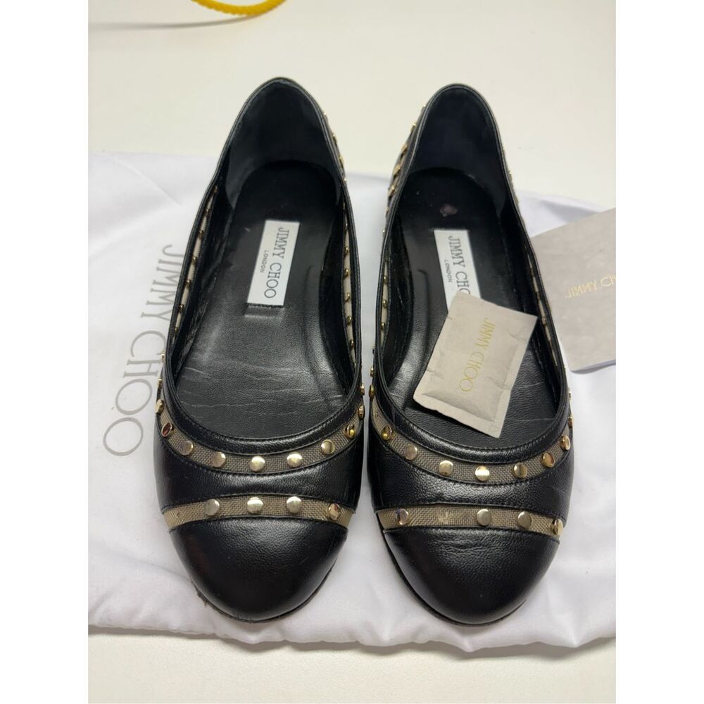 Jimmy Choo Ballet Flats Black Gold Studded Women Size 7 37 Slip On Leather